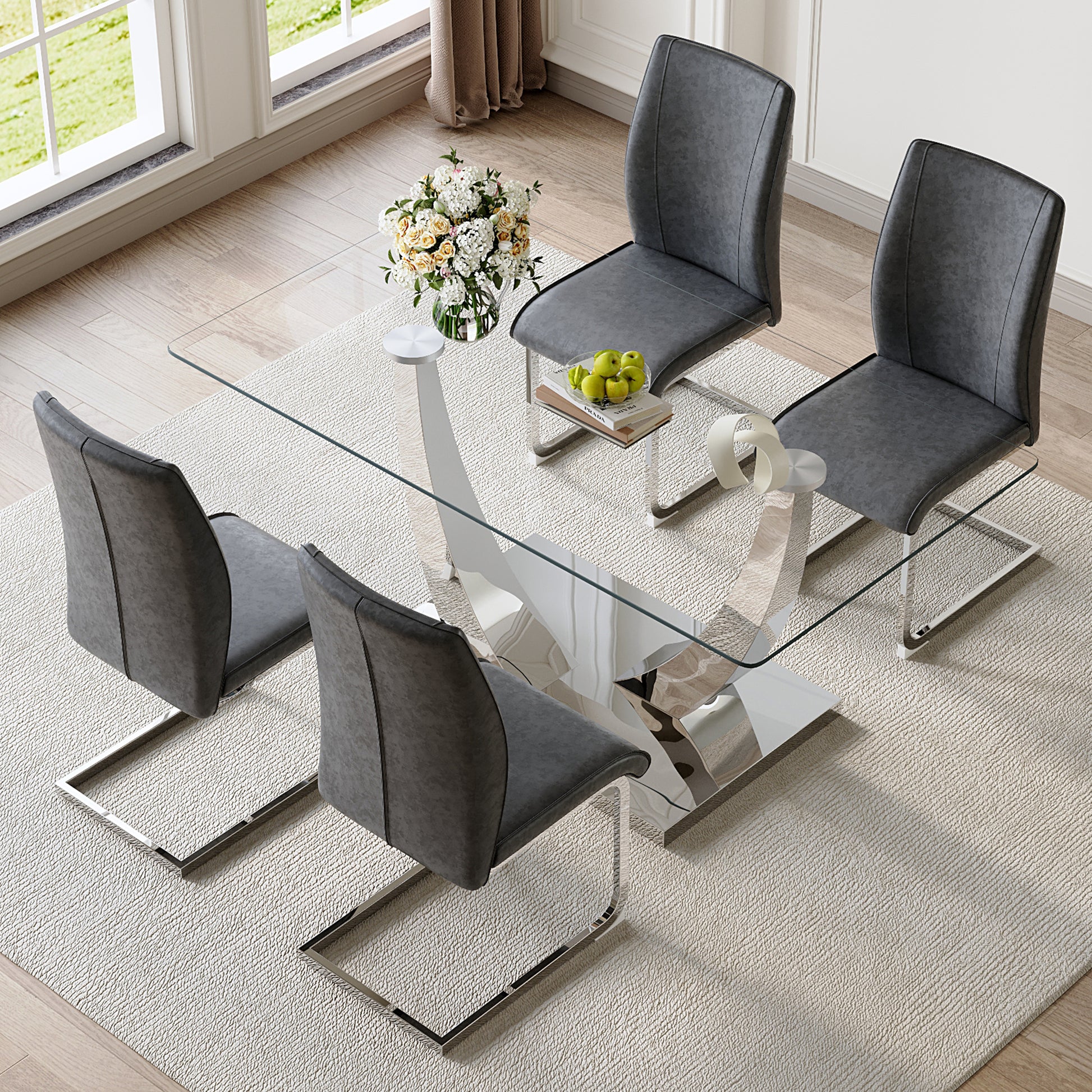 Table And Chair Set.Modern Dining Table,Tempered Glass Tabletop And Silver Colored Leg.Paired With 4 Soft And Comfortable Dark Gray Pu Chair, Perfect For Dinner, Meetings, Home And Office Decor.