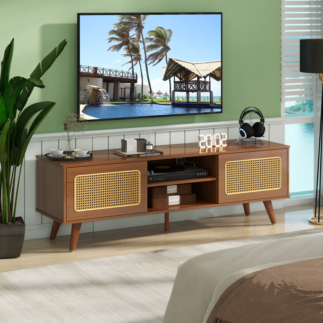 Mid Century Modern Rattan Tv Stand For 55 60 65 Inch Tventertainment Cabinet, Media Console For Living Room Bedroom Media Room, Solid Wood Feet & Rattan Cabinet Doors Walnut, 59" Black Brown Brown