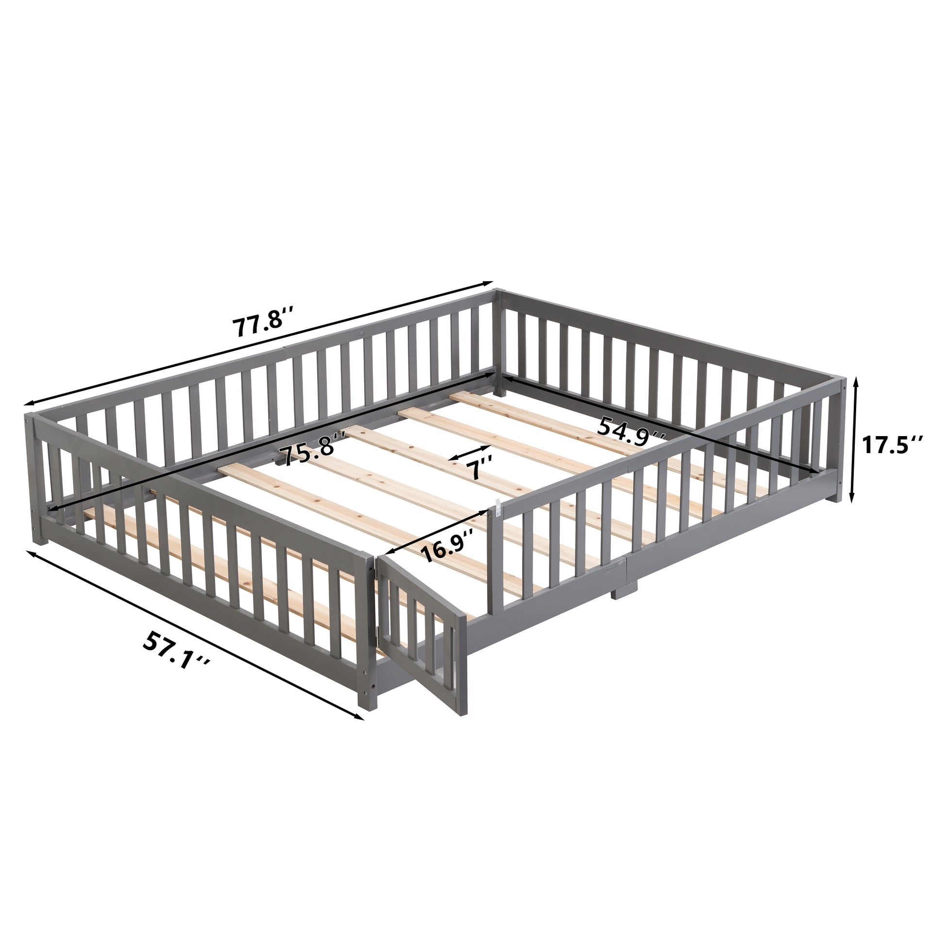 Full Size Floor Bed With Door,Solid Wood Platform Bed Frame With Fence,Suitable For Children,Pine Wood,Gray Full Gray Wood