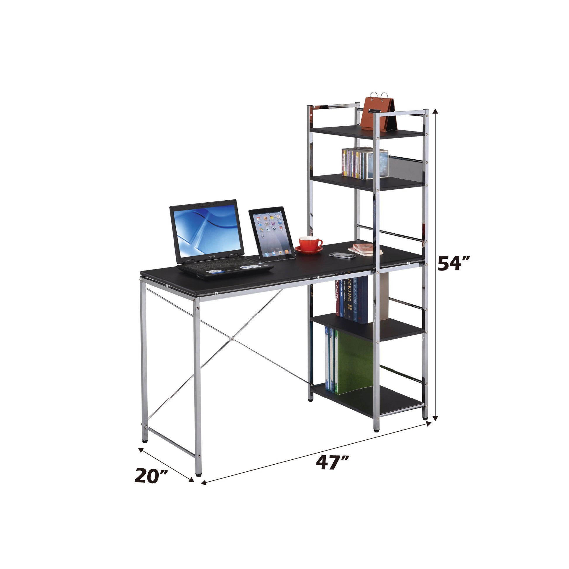 Elvis Black & Chrome Finish Writing Desk W Shelves Black,Chrome Metal,Synthetic Wood