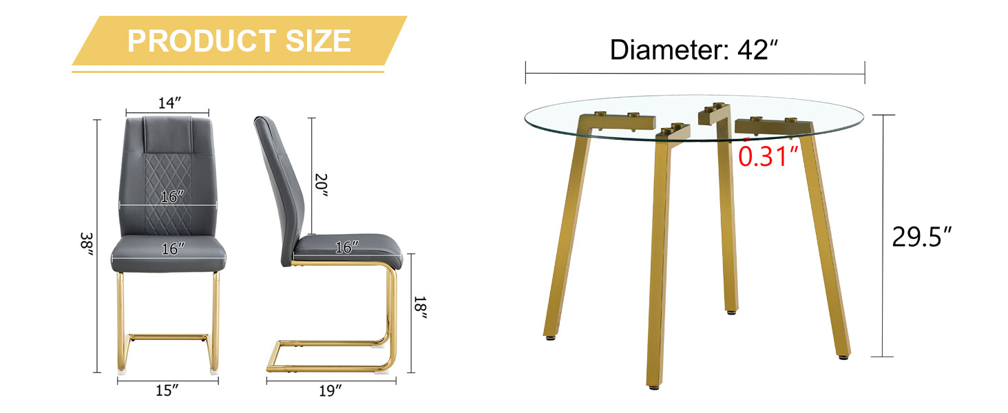 Table And Chair Set.A Modern Minimalist Style Round Clear Tempered Glass Table With Metal Legs.Paried With Dark Gray Chairs With Modern Pu Leather High Back Upholstered And C Tube Golden Legs. Dark Gray,Transparent Seats 4 Glass