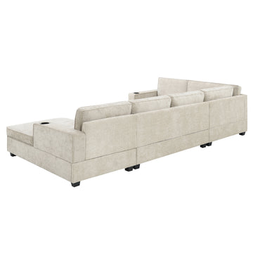 119*67" U Shaped Sectional Sofa,6 Seat Chenille Couch Set With Oversized Chaise Lounge,Irregular Corner,Deep Seat Comfy Sofa With Cup Holders For Living Room,Apartment,2 Colors Beige Chenille 6 Seat