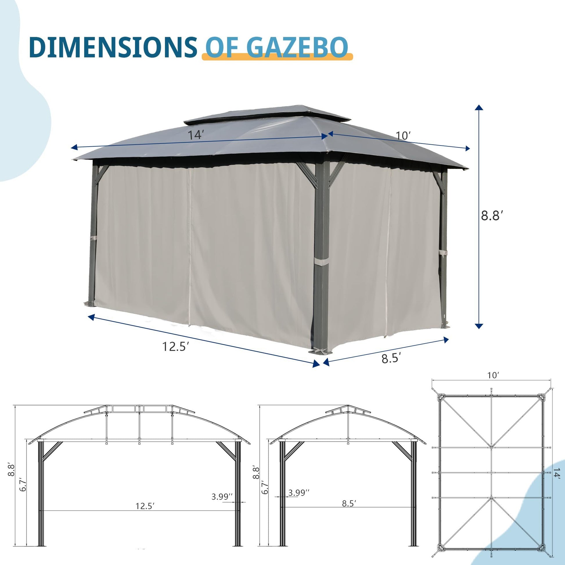 Gazebo 10X14Ft, Outdoor Gazebo With Double Roofs, Privacy Curtains, Mosquito Nettings, Heavy Duty Metal Frame Party Tent Canopy For Patio, Backyard, Deck, Lawn, Grey Gray Garden & Outdoor Steel