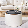 2 Piece Set Round Chenille Storage Ottoman, Equipped With A Drum Shaped Small Stool, Storage Space, And Mdf Made Desktop Panel Beige 23.62