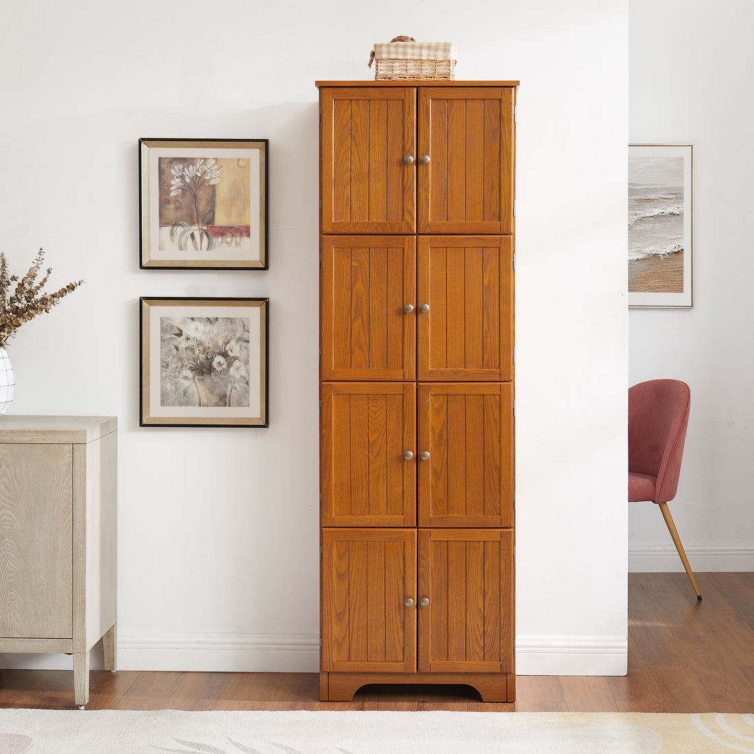 72.4" Tall Storage Cabinet Tall Storage Cabinet With 8 Doors And 4 Shelves ,Bookshelf Living Room, Kitchen, Dining Room, Office Freestanding Storage Cabinet,Oak Oak Mdf