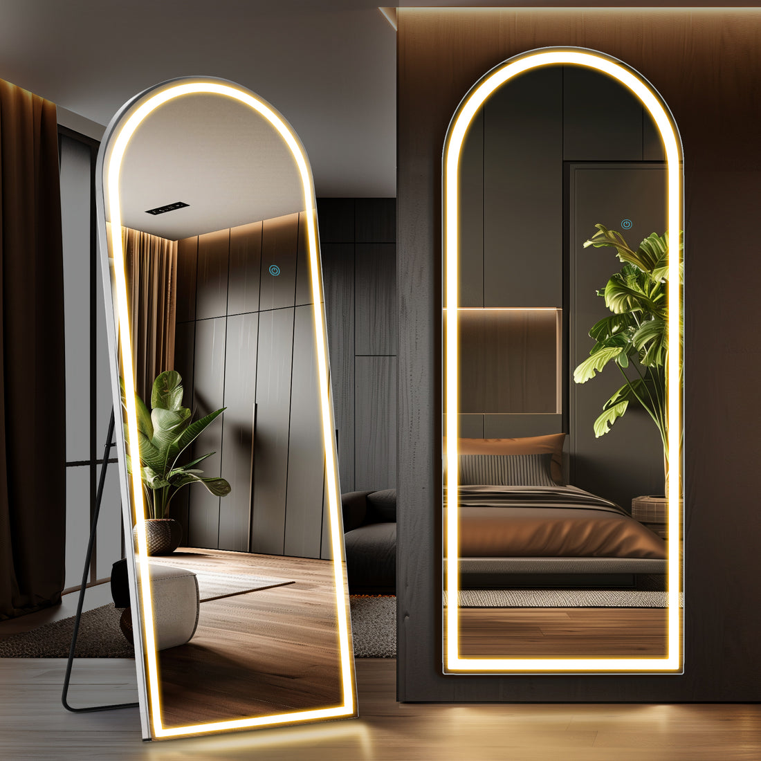 3 Color Lighting Mirror With Led Lights, 71"X26" Lighted Floor Standing Mirror With Stand Black Fiberglass