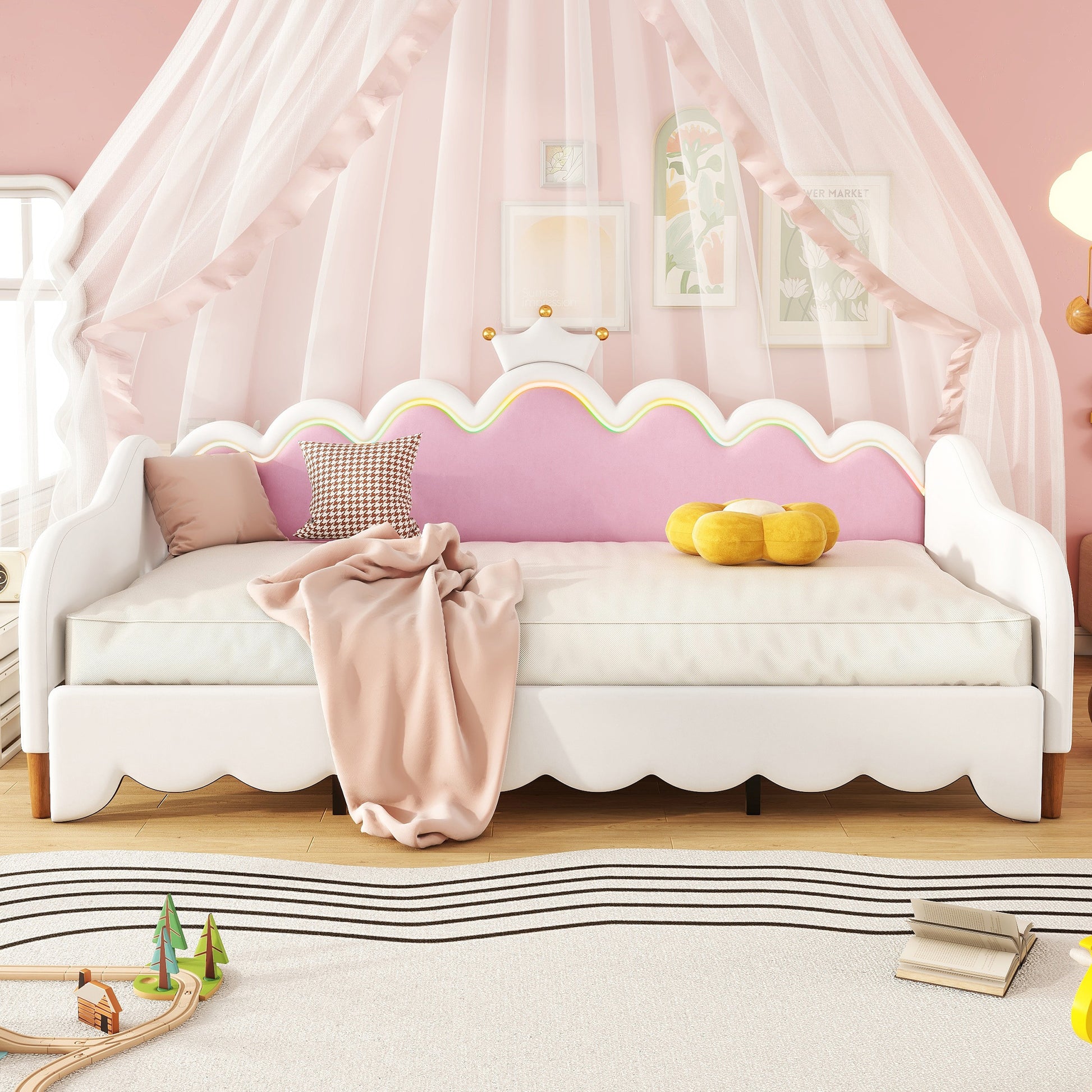 Twin Extending Daybed With Led Lights, Modern Upholstered Princess Daybed With Crown Headboard,White Twin White Wood