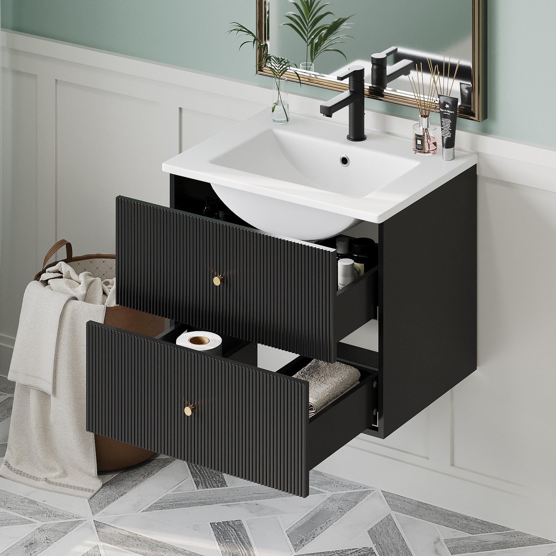 24 Inch Wall Mounted Bathroom Vanity With 2 Drawers Ideal For Small Bathrooms Black Bathroom Mdf