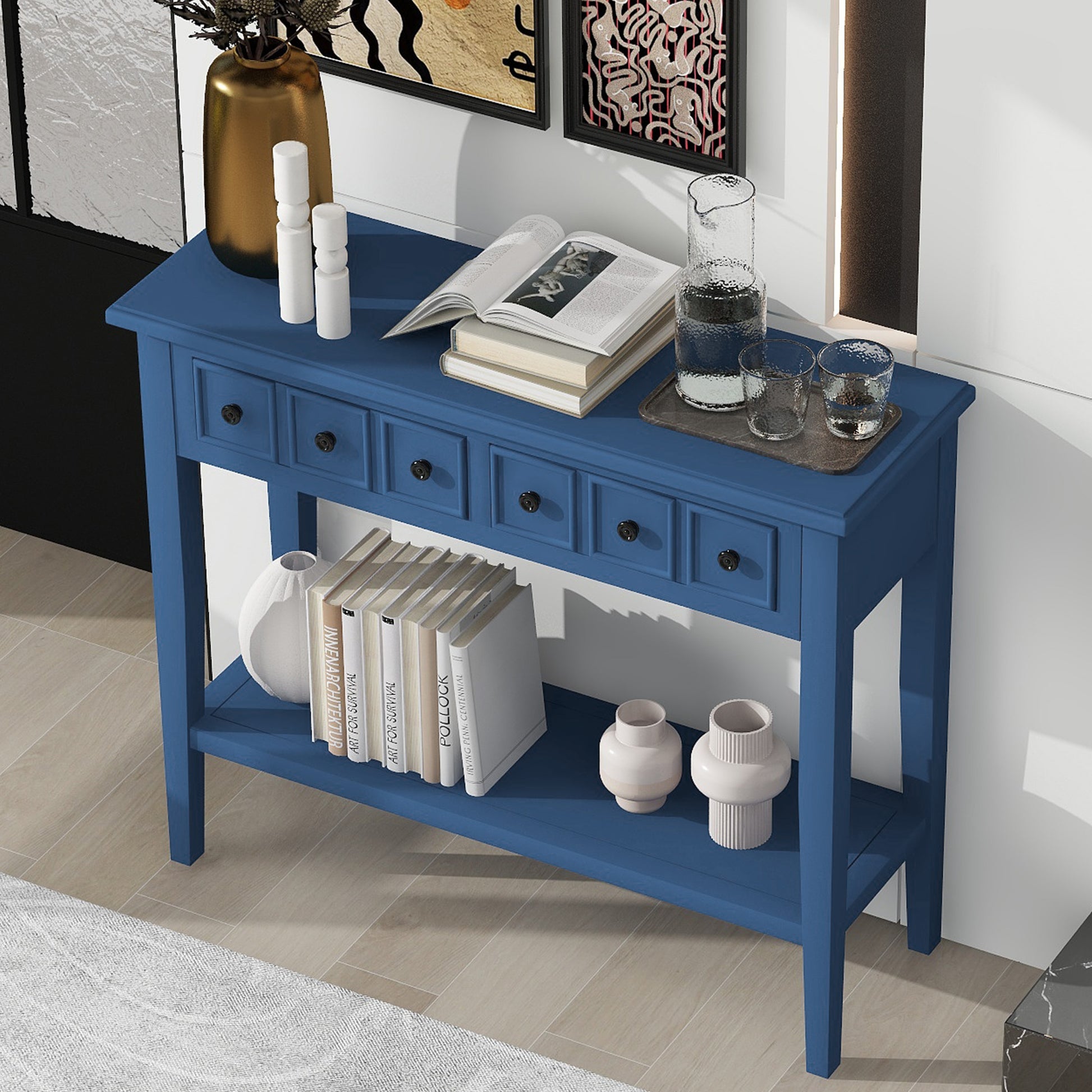 Entryway Table With 2 Drawers, Rustic Console Table With Open Shelf And Rubber Wood Legs For Entryways, Living Rooms, And Hallways Navy Navy Mdf,Rubber Wood