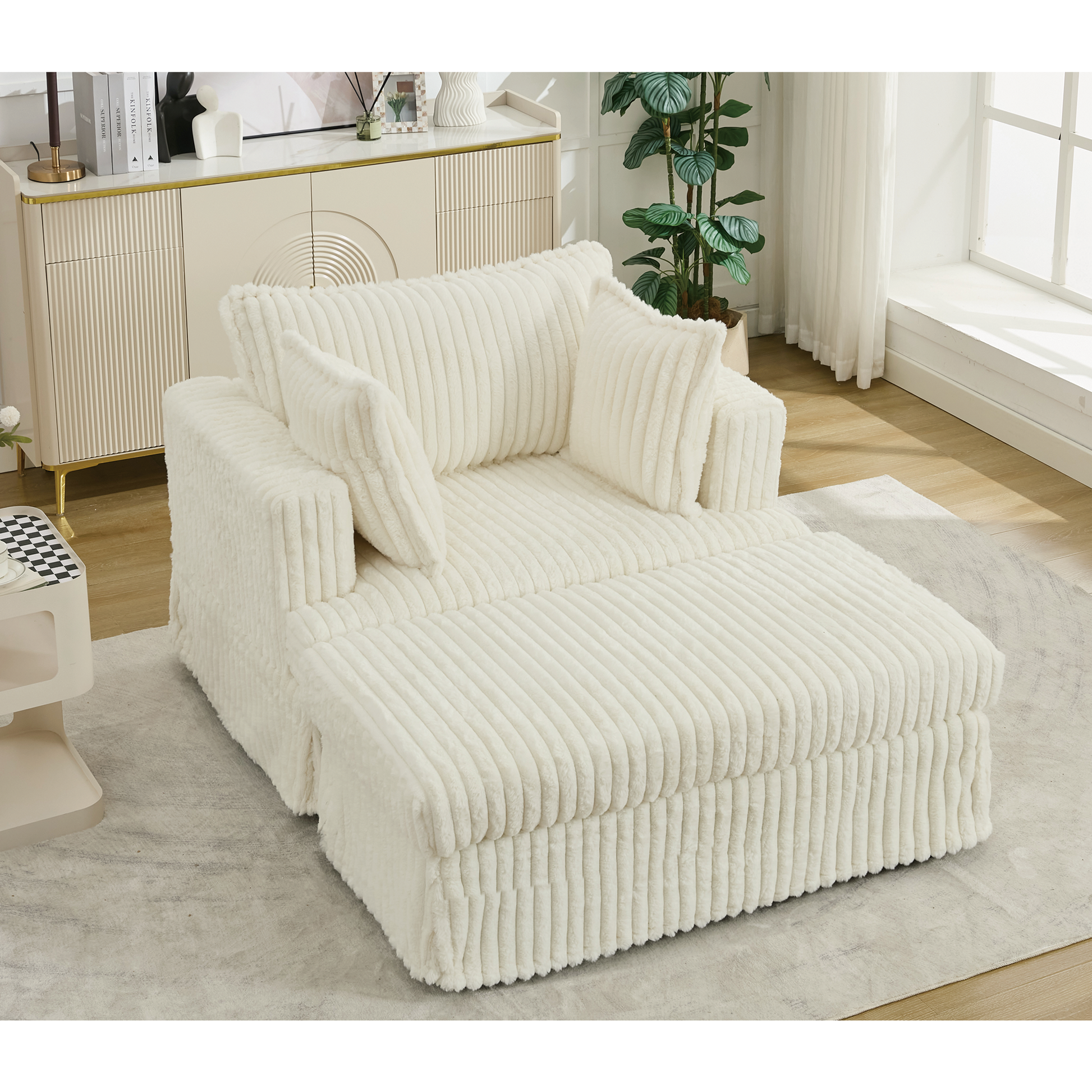 Arrived 47.7'' Oversized Corduroy Chaise Longue With Ottoman, Deep Seat Reclining Chair Sofa, Comfy Thicked Upholstered Pad Chair ,With Foot Stool ,Oversize, Movable Ottoman, Beige Beige Polyester