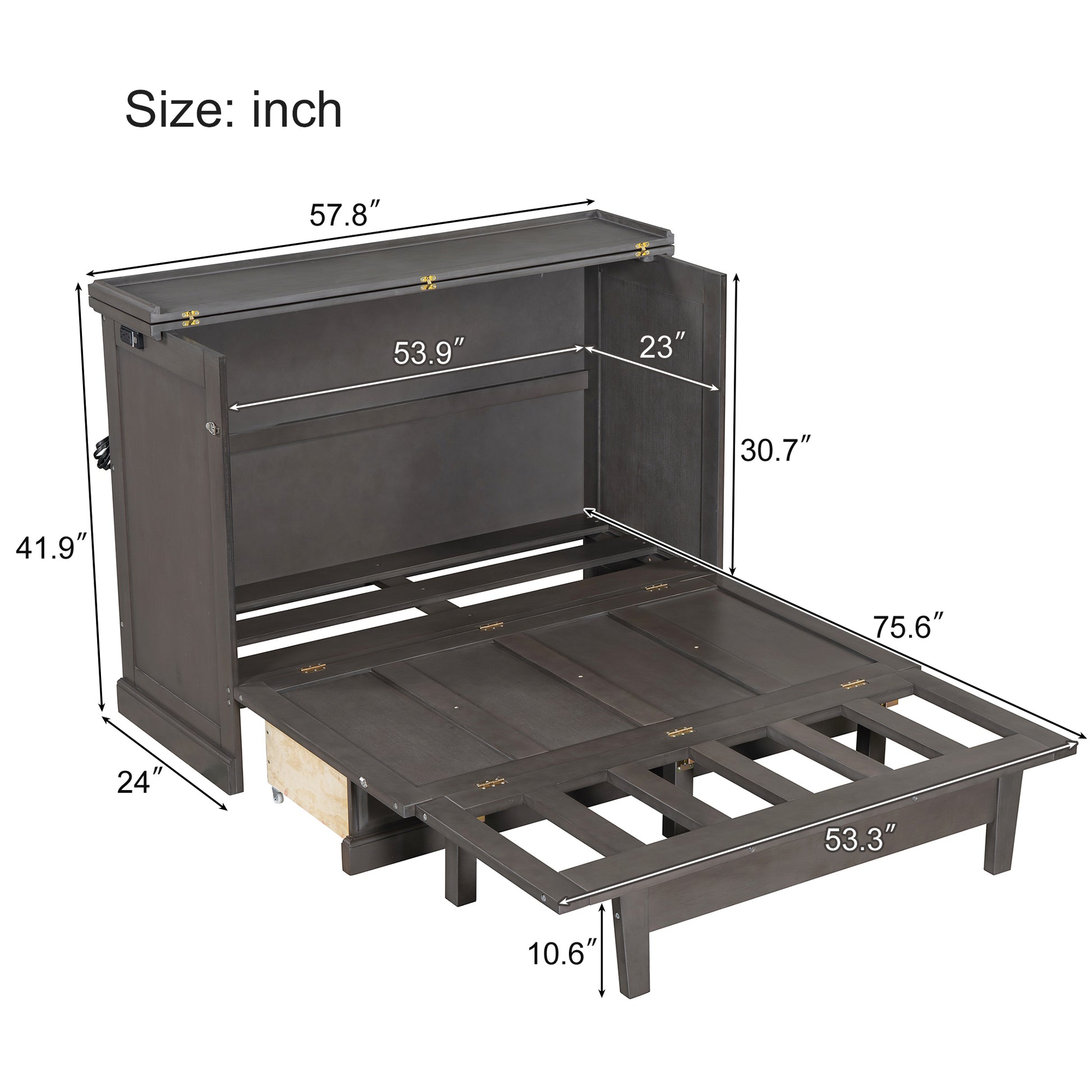 Solid Pine Murphy Bed Chest Cube Cabinet Bed With Charging Station And Large Storage Drawer For Home Office Or Small Room,Full,Gray Box Spring Not Required Full Gray Wood Gray Pine Murphy Solid Wood Mdf