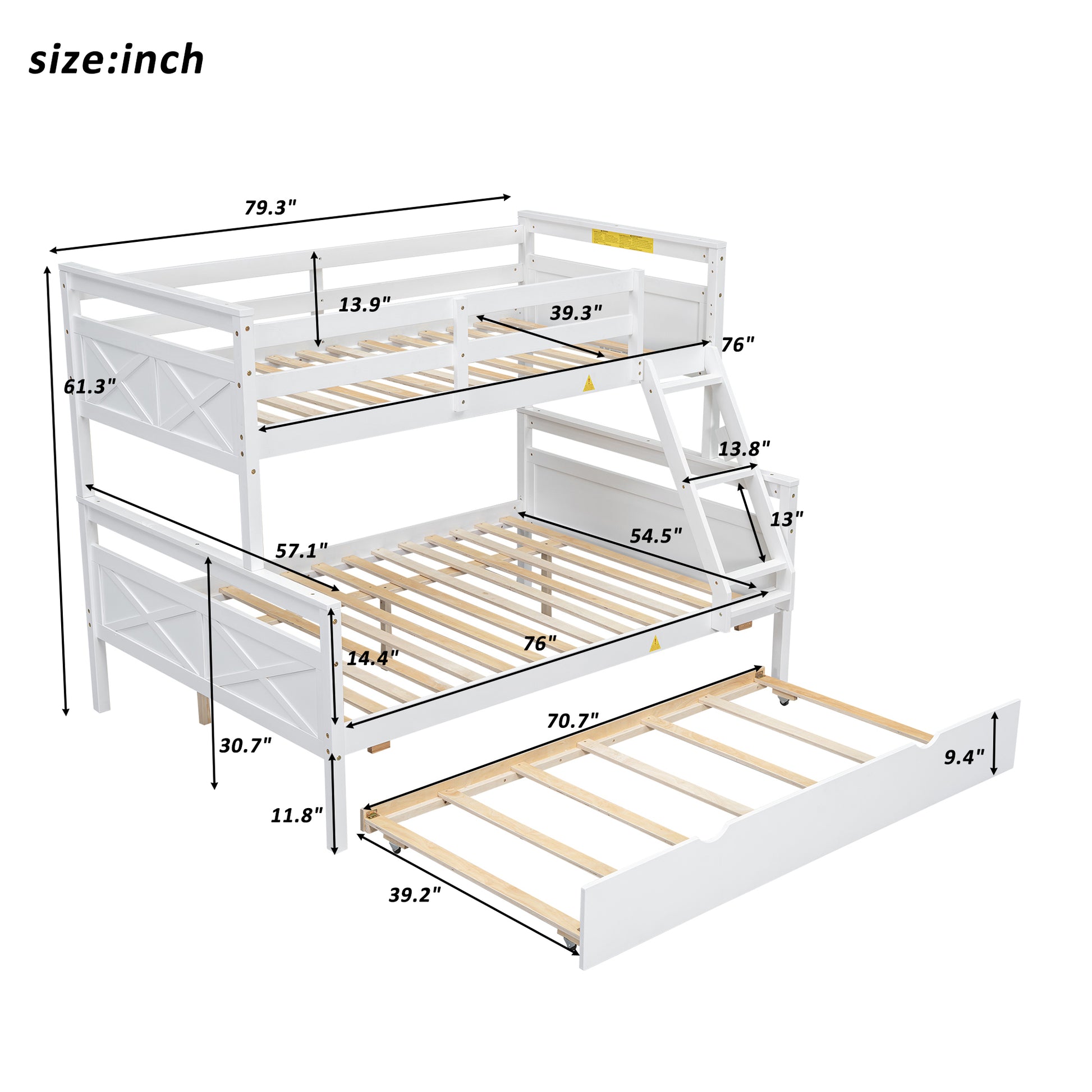 Twin Over Full Bunk Bed With Ladder, Twin Size Trundle, Safety Guardrail, White Box Spring Not Required Twin White Wood Bedroom Bunk Pine