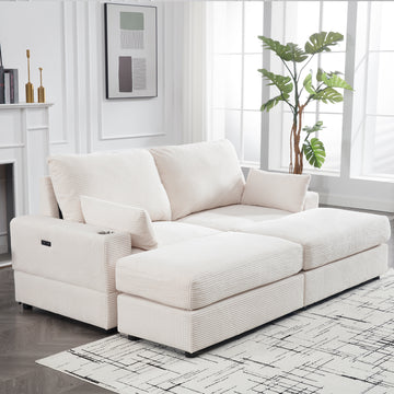 Corduroy 2 Seater Sofa With Cuper And Usd 2 Ottoman Beige Beige Solid Wood 2 Seat