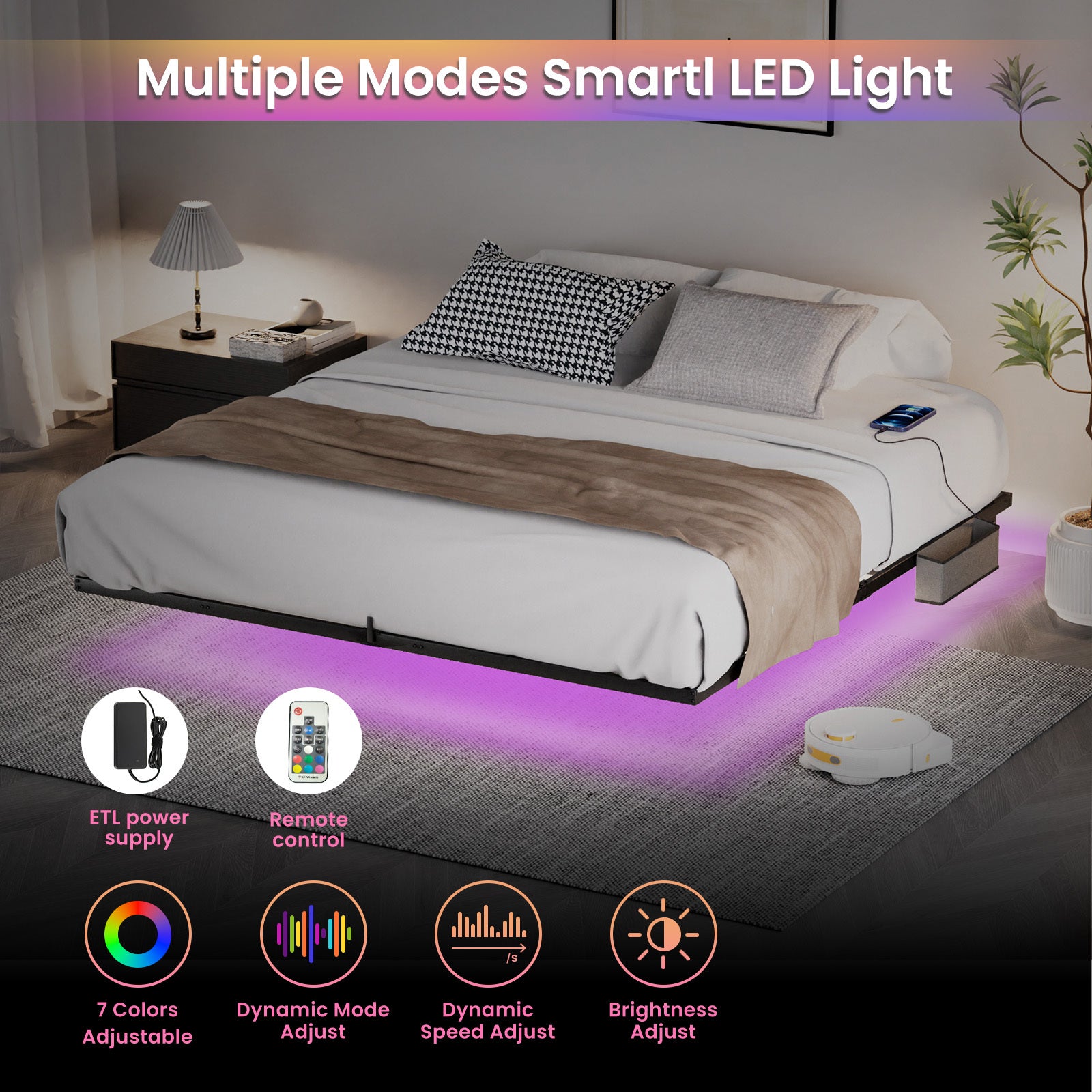 Floating Bed Frame King Size With Led Lights Charging Station, Metal Platform Queen Bed, 79.9'' L X 76.2'' W X 7.9'' H. King Black Iron