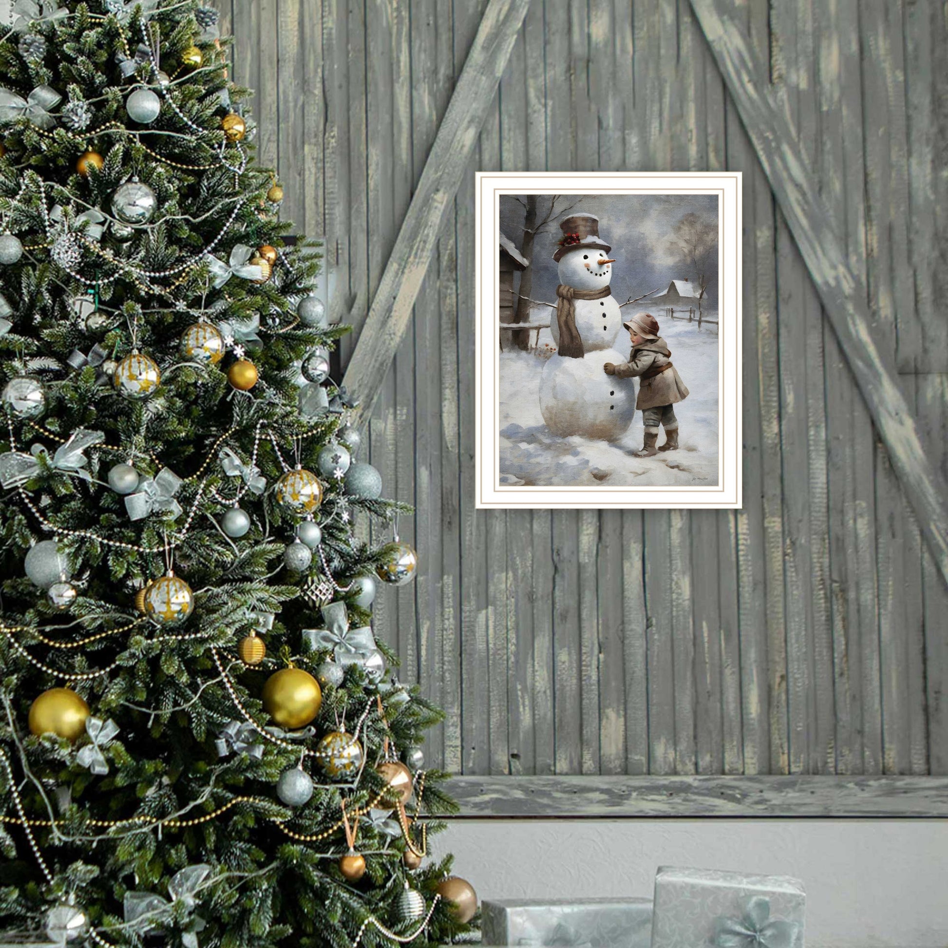 Finishing Touch On The Snowman White Framed Wall Art For Living Room, Holiday Wall Art Print For Home Decor, Bedroom Wall Art By Jo Moulton Multicolor Wood Paper