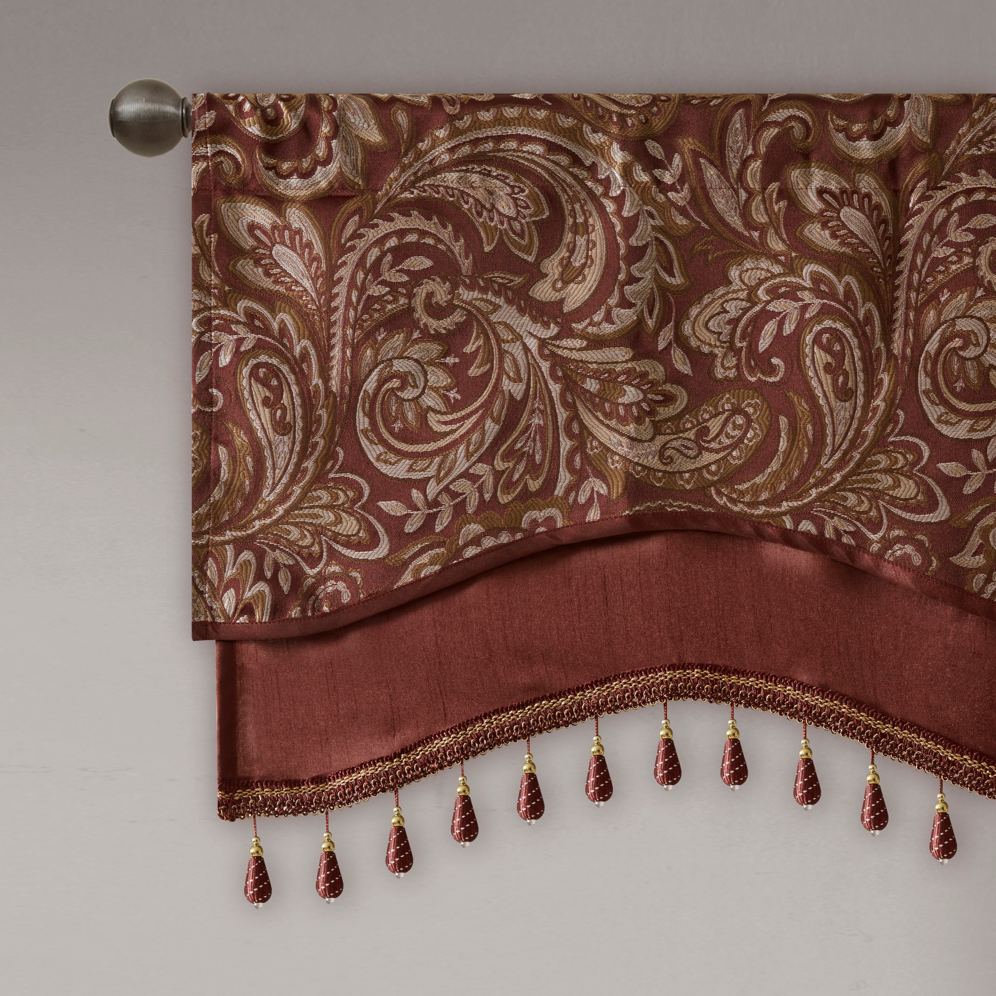 Jacquard Window Rod Pocket Valance With Beads Burdy 50X18" Burgundy Polyester