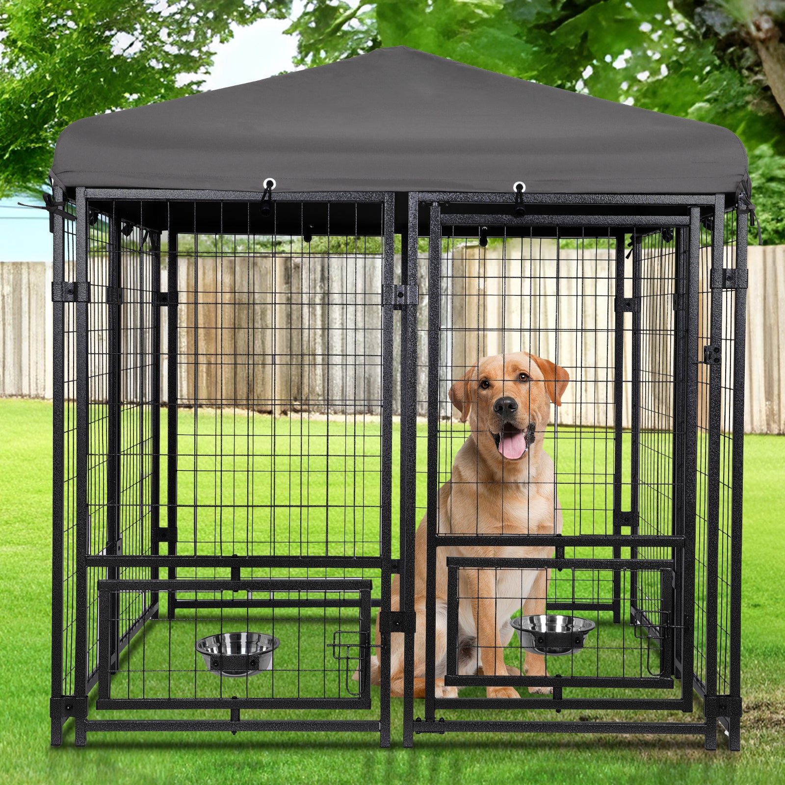 Outdoor Dog Kennel 4.5' X 4.5' X 4.8' With Waterproof Heavy Duty Metal Dog Cage,Outside Dog Enclosure With Lockable Door With Roof & Rotating Feeding Door,2 Bowl Holders And Bowls For Small Medium Dog Grey Outdoor Kennel Metal