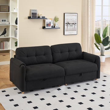 79.50 Inches Long, Teddy Cotton Linen Sofa Fabric, With Metal Conical Long Legs, Metal Strip Matching, Stylish And Simple Black Black Cotton Linen,Teddy 3 Seat