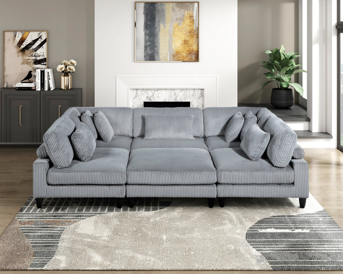 6Pc Modular Sectional Set Gray Corduroy Upholstery 3X Armless Chairs 2X Corner Seats 1X Ottoman Pillows Living Room Furniture Gray Corduroy Wood Primary Living Space Contemporary,Modern Modular