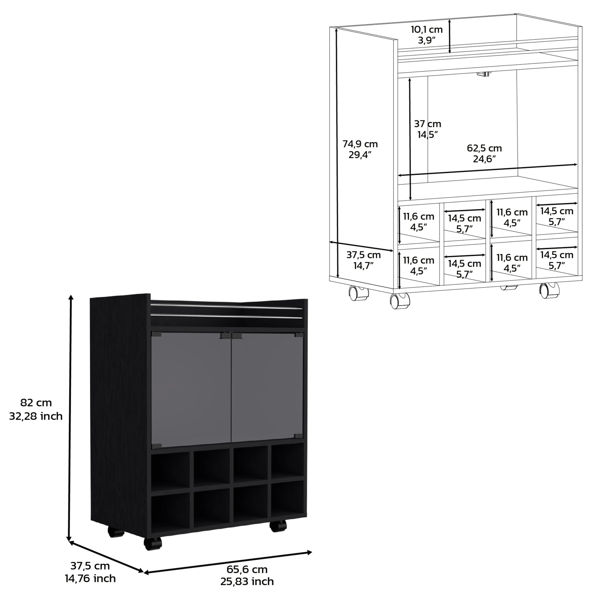 32" H Black Bar Coffee Cart, Kitchen Or Living Room Cabinet Storage With 4 Wheels, With 8 Bottle Racks, A Central Shelf Covered By 1 Galss Door, Ideal For Storing Glasses And Snacks Black Particle Board Particle Board