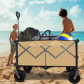 Collapsible Folding Wagon, Push Pull Foldable Beach Wagon Cart Grayish Brown Steel