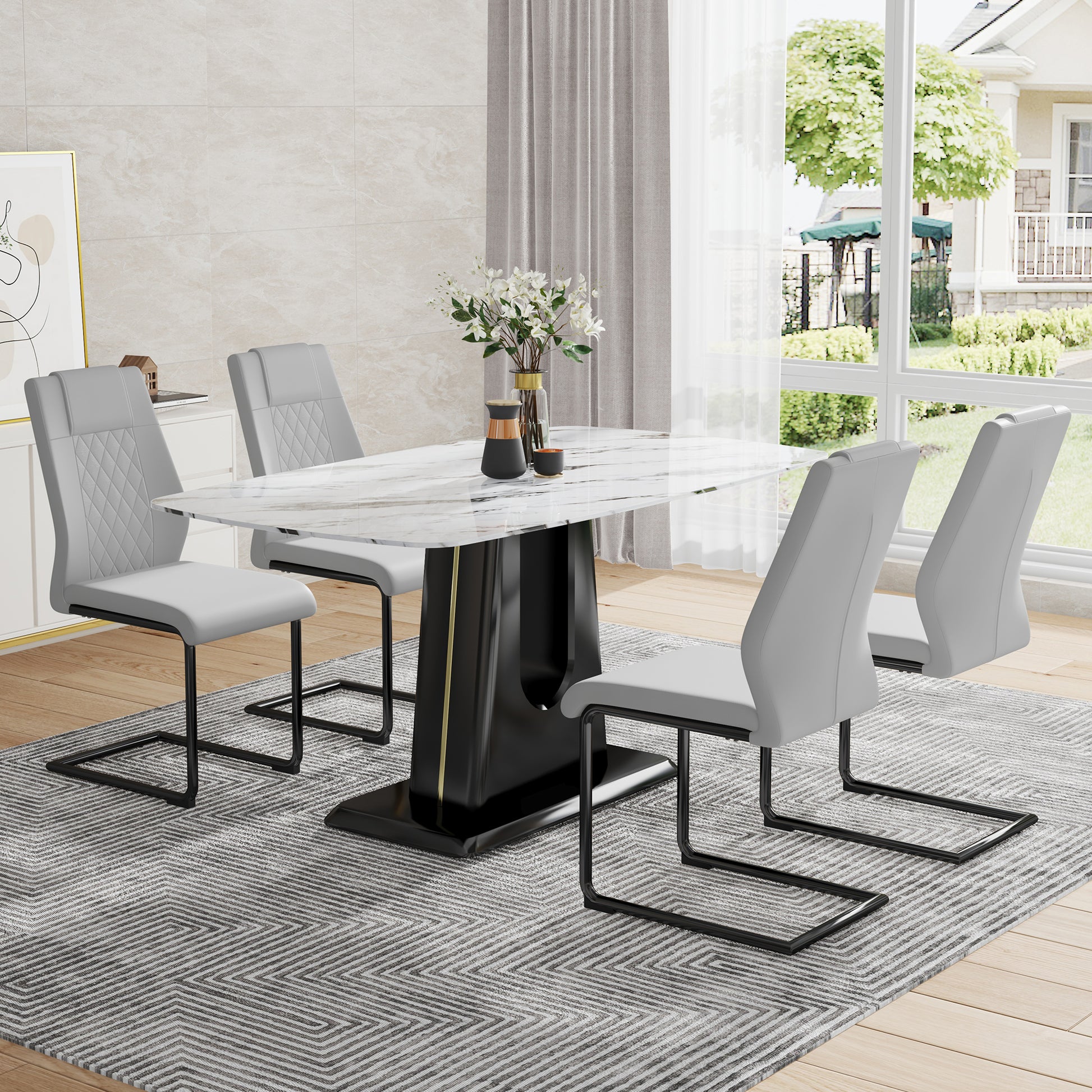 Table And Chair Set, Modern And Minimalist Dining Table, Imitation Marble Patterned Tabletop, Mdf Legs With U Shaped Brackets. Paired With Comfortable Chairs, Suitable For Dining And Living Rooms. Black Mdf Glass