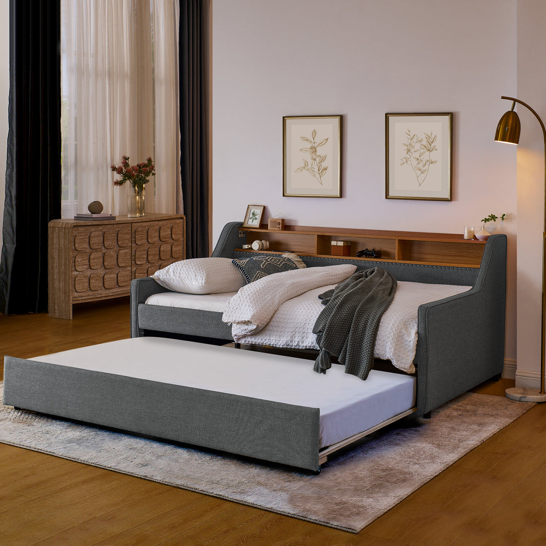 Twin Size Upholstery Sofa Bed With Three Led Lights, With Storage Adjustable Headboard, With Foldable Leg Pull Up Trundle Bed And Wireless Charging, Linen Padded Sofa Bed Frame, Grey Box Spring Not Required Twin Grey Composite Bedroom Classic Eucalyptus