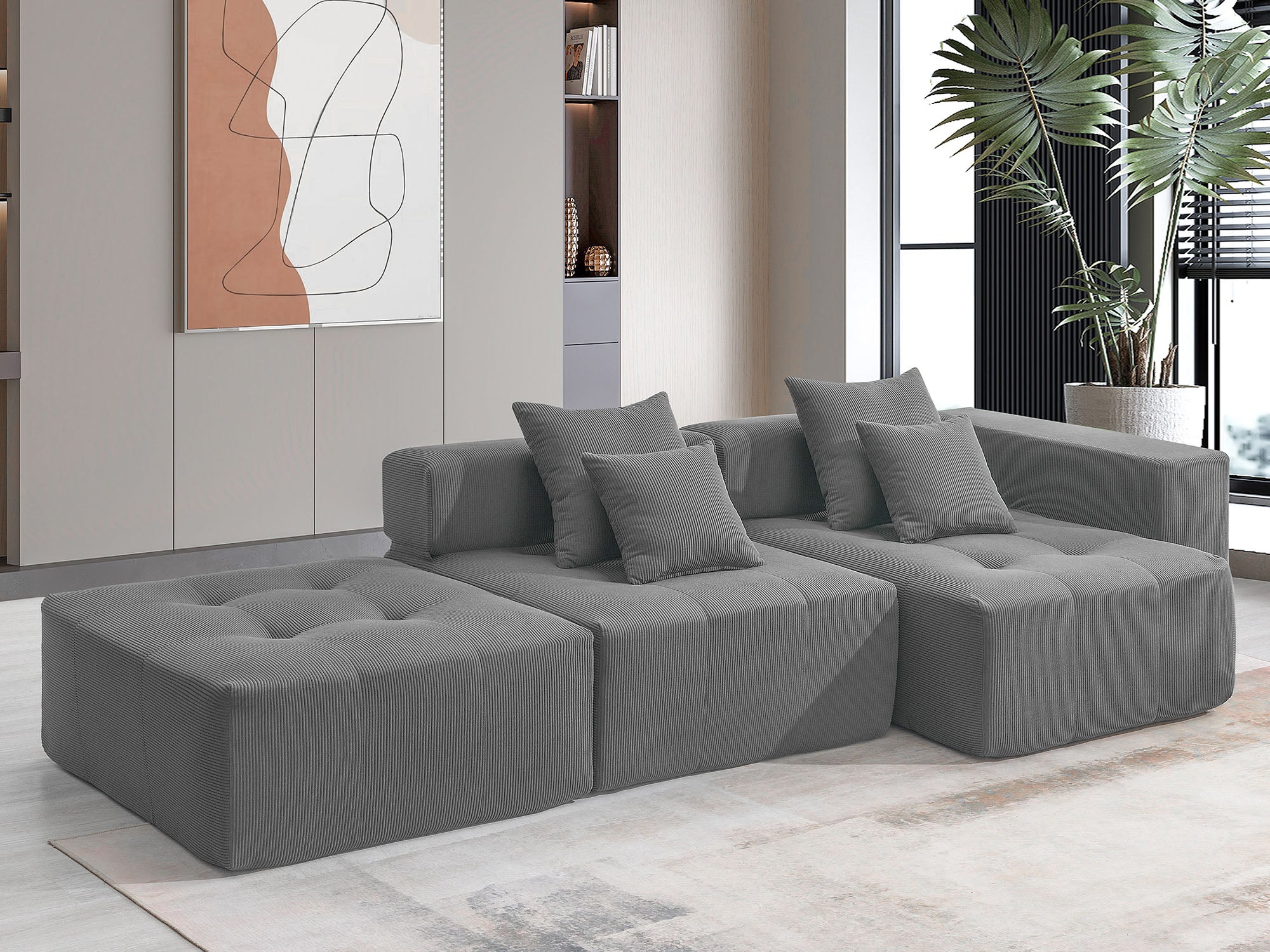 105.5'' L Shaped Modular Sectional Sofa,Minimalist Corduroy Floor Couch Set,Convertible Foam Filled Cloud Couch For Living Room,3 Pc Free Combination,No Assembly Required,3 Colors Gray Corduroy 4 Seat