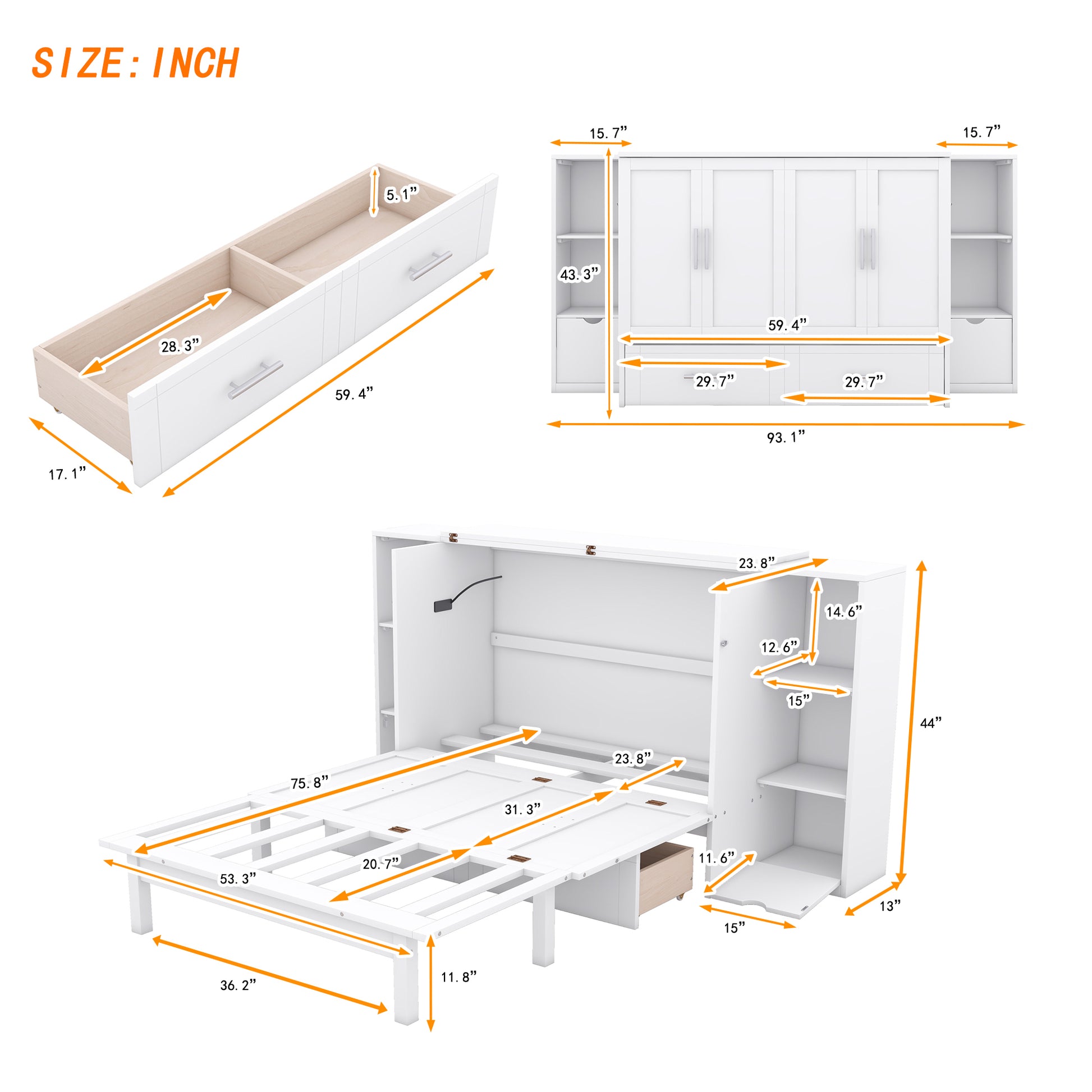 Full Size Murphy Bed With Shelves, Drawers And Usb Ports,White White Mdf Lvl