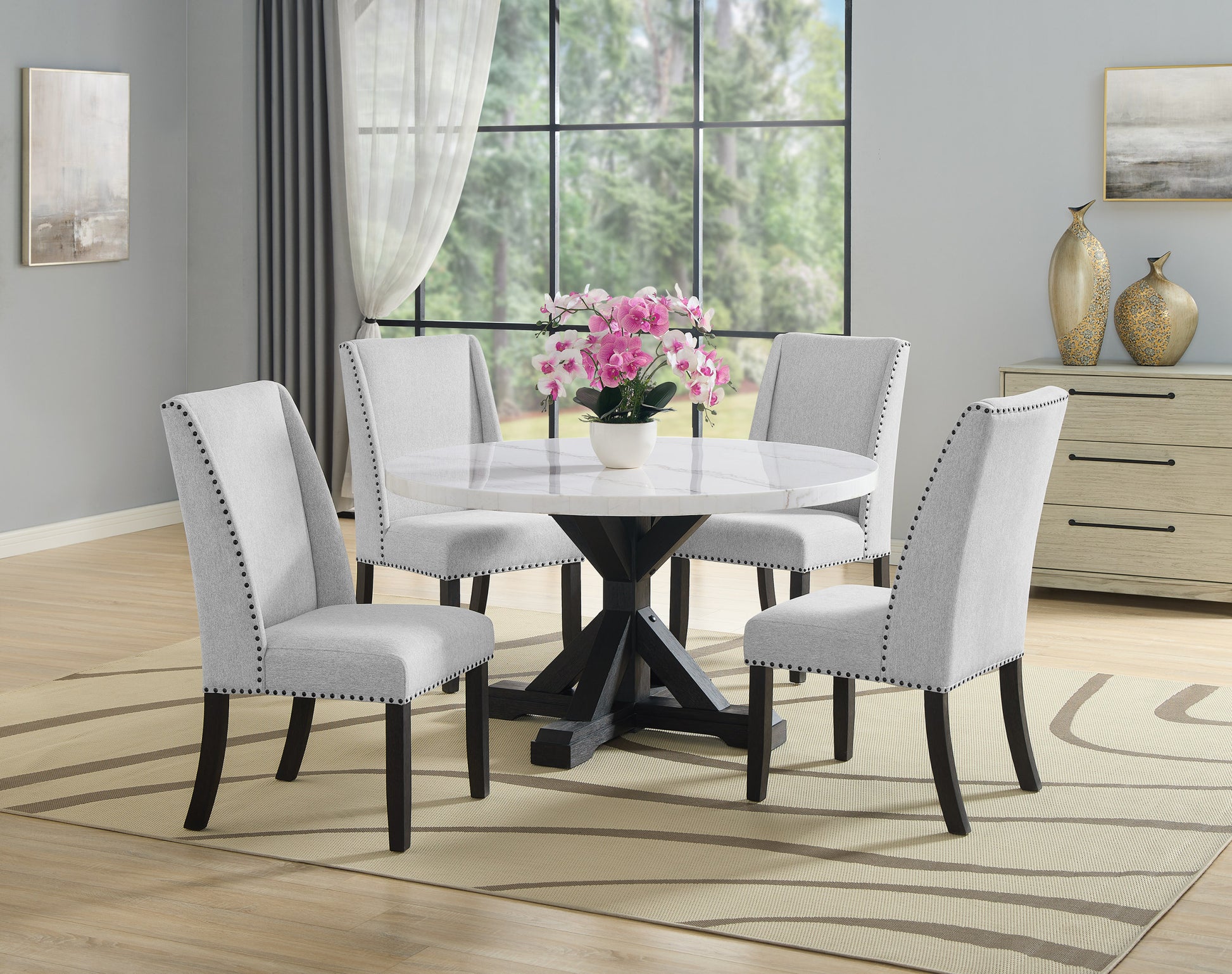 1Pc Transitional Modern Formal Dining Table White Round Genuine Marble Table Top Black Finish Legs Wooden Dining Room Furniture White Seats 4 Dining Room Contemporary,Farmhouse,Transitional Round Marble