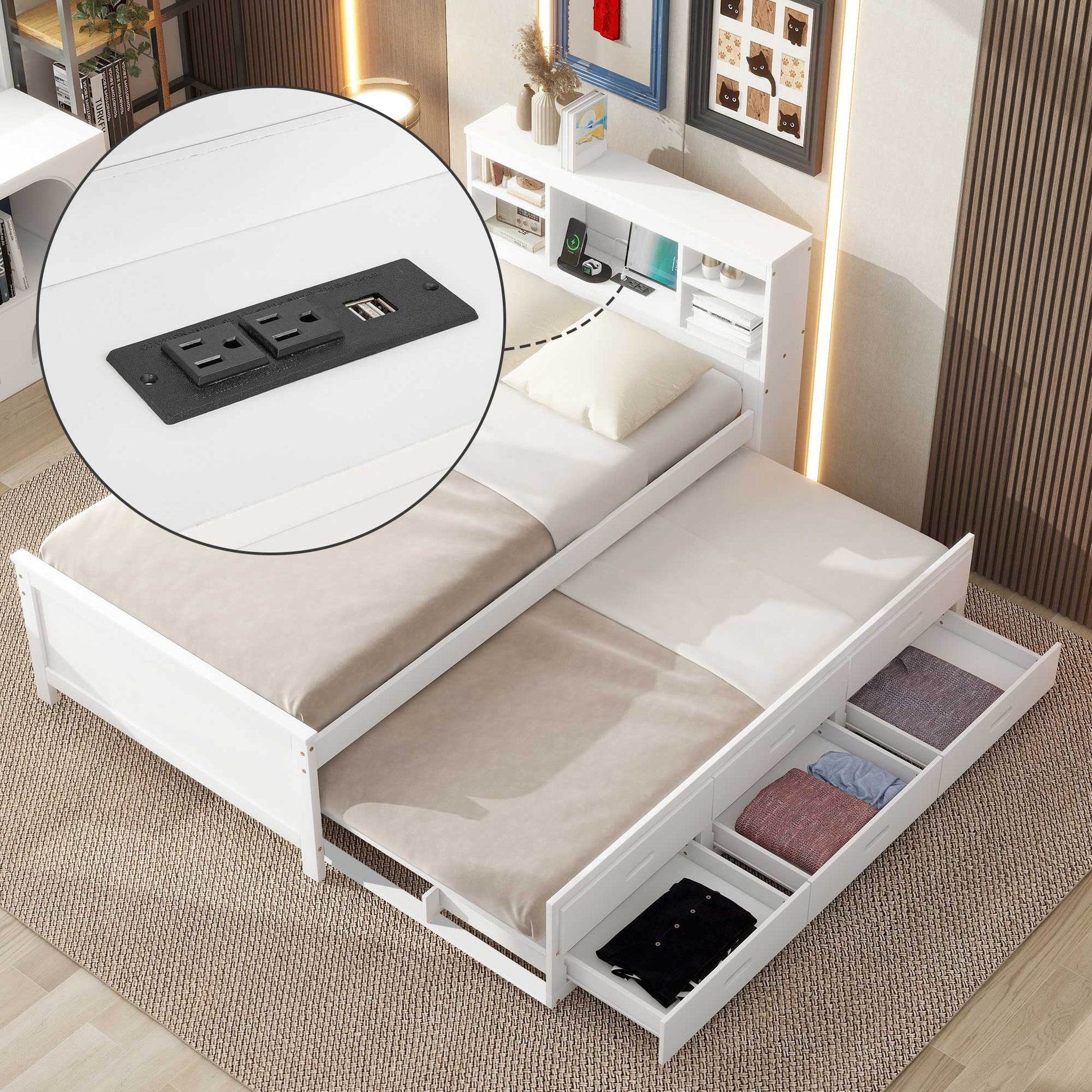 Twin Size Platform Bed With Storage Headboard, Usb, Twin Size Trundle And 3 Drawers, White Box Spring Not Required Twin White Wood Bedroom Bed Frame Solid Wood Mdf