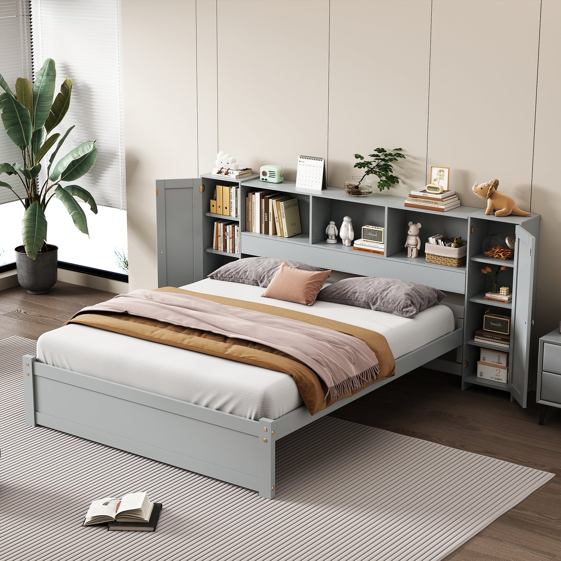 Full Size Platform Bed With Storage Headboard And Lockers, Gray Full Box Spring Not Required Gray Wood Bedroom Solid Wood Mdf