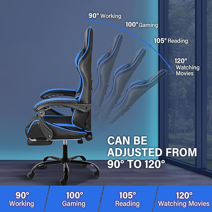 Gaming Chair, Backrest And Seat Height Adjustable Swivel Recliner Racing Office Computer Ergonomic Video Game Chair With Footrest And Lumbar Support, Black Blue Black Blue Plastic