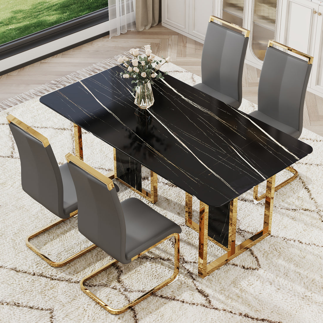 Table And Chair Set. Modern Dining Table With Mdf Top And Beautiful Mdf Legs. Equipped With Comfortable Pu Chairs And Metal Legs. Suitable For A Wide Range Of Decorative Styles. Black,Gray Seats 4