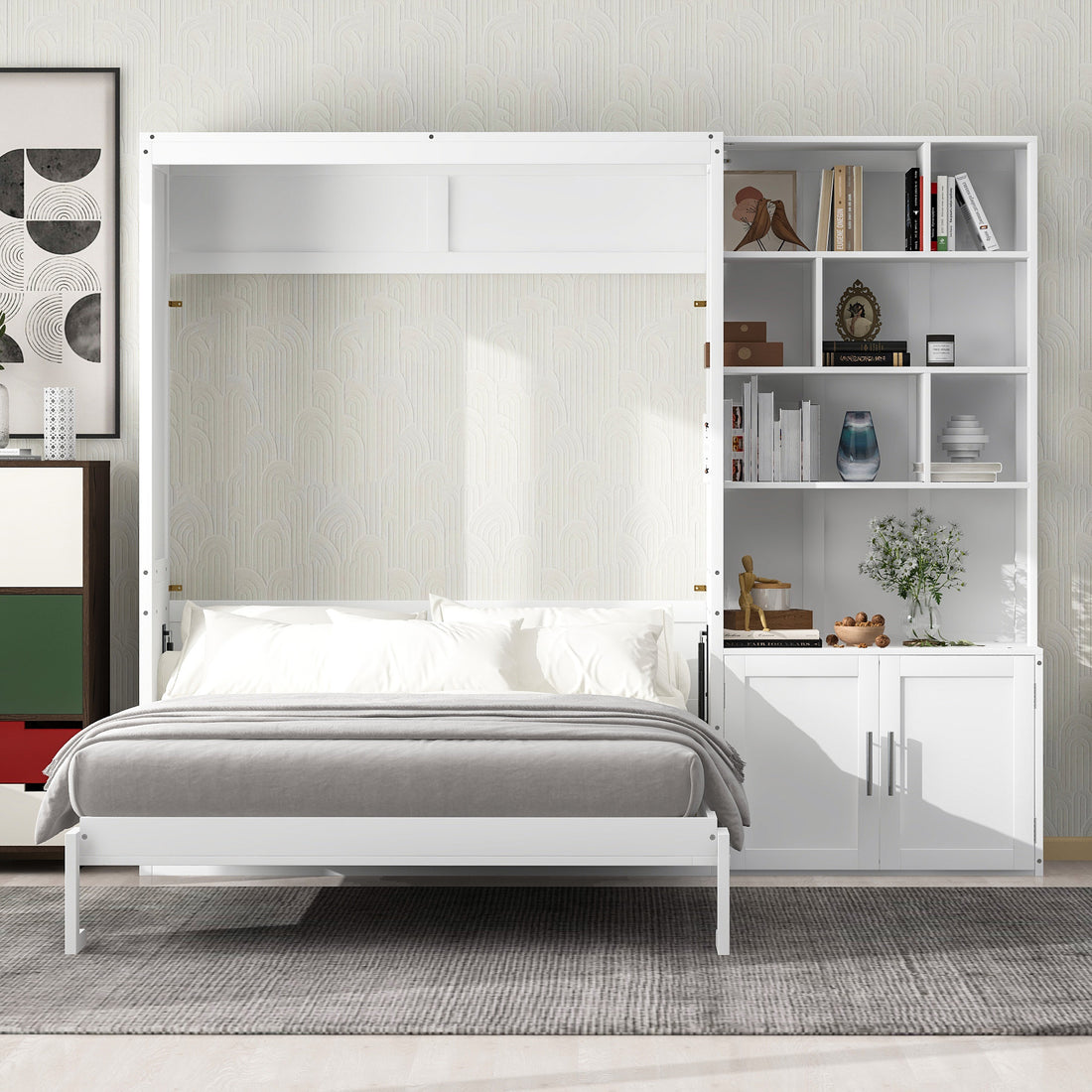 Full Size Murphy Bed With Multiple Storage Shelves And A Cabinet, White Box Spring Not Required Full White Wood Bedroom Murphy Solid Wood Mdf