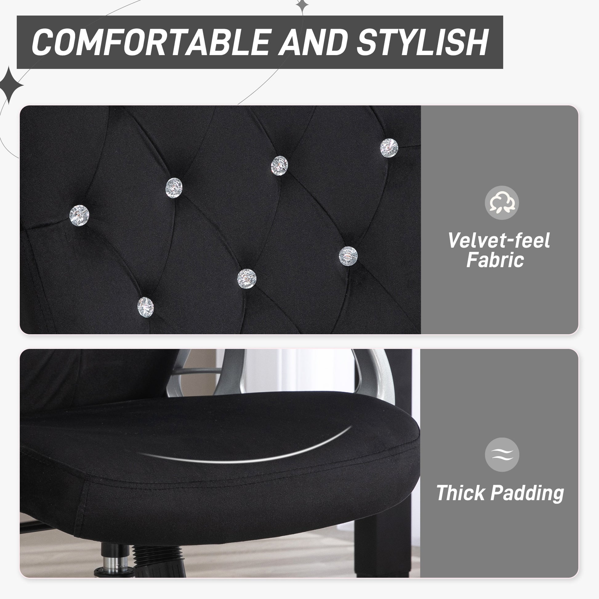 Vinsetto Home Office Chair, Velvet Computer Chair, Button Tufted Desk Chair With Swivel Wheels, Adjustable Height, And Tilt Function, Black Black Polyester