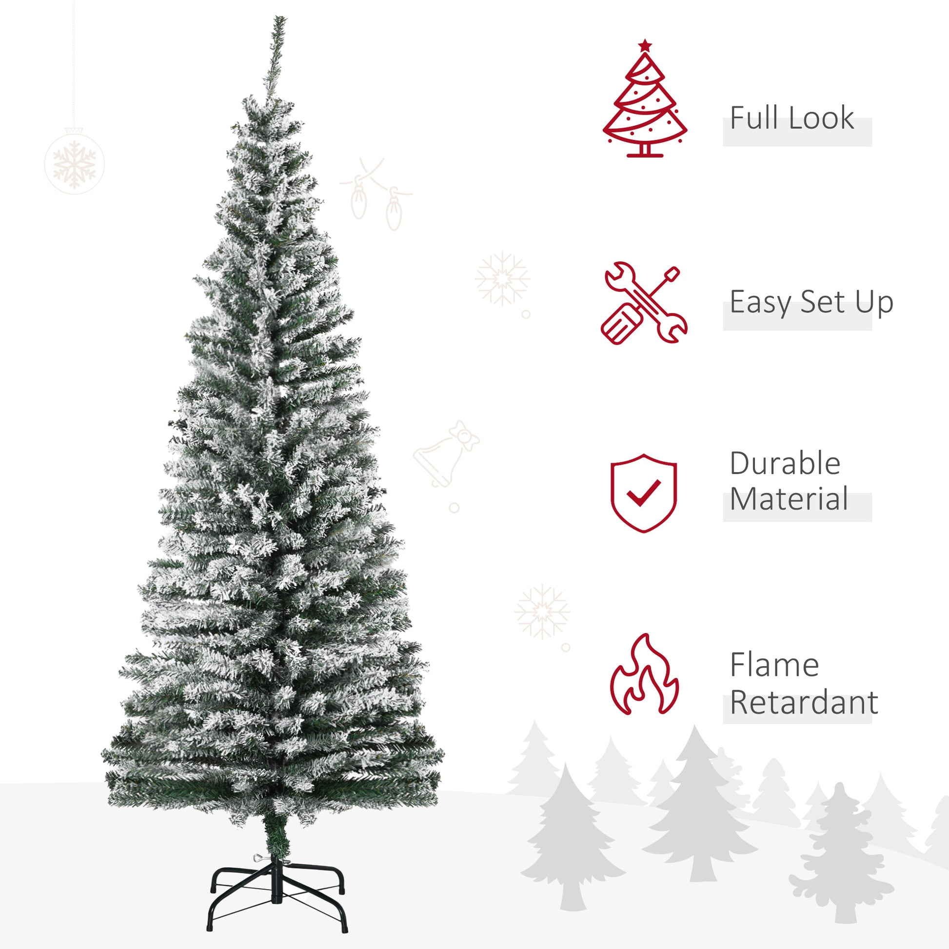 Homcom 6' Tall Unlit Snow Flocked Slim Artificial Christmas Tree With Realistic Branches And 492 Tips Green Plastic