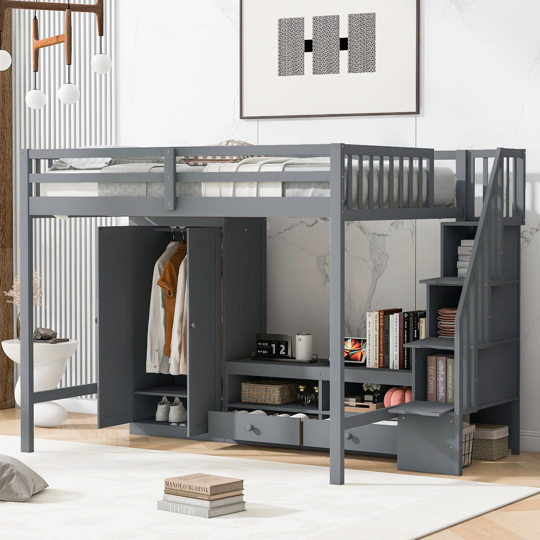 Full Size Loft Bed Frame With Wardrobe,Low Storage Table And Storage Staircase,Gray Expected Arrival Time:10.20 Gray Solid Wood Mdf