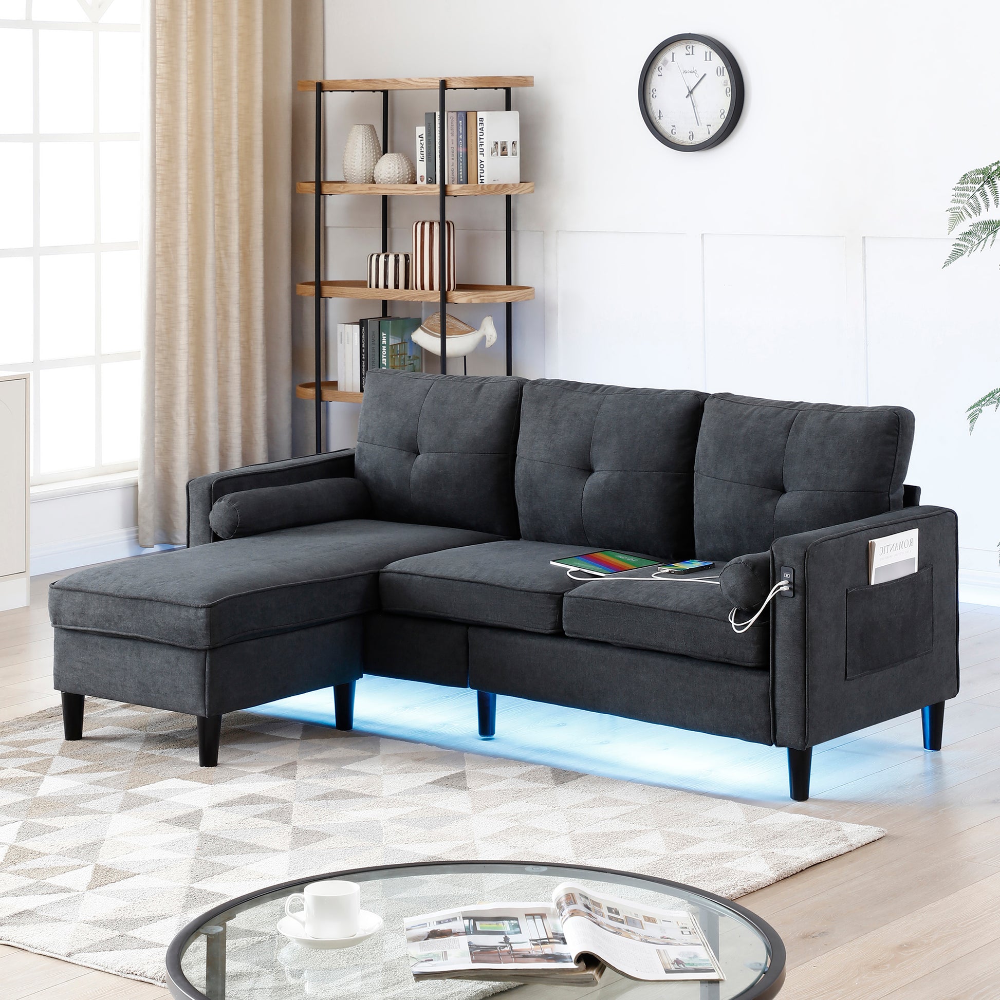 75.2"Convertible Sectional Sofa Couch With 2 Side Pockets, Modern Sofa With 2Usb Ports On The Armrest, Power Sofa With Led Lights,Ottoman With Storage, Linen Fabric For Living Room, Apartment,Office Black Linen Wood Primary Living Space Modern Linen 4