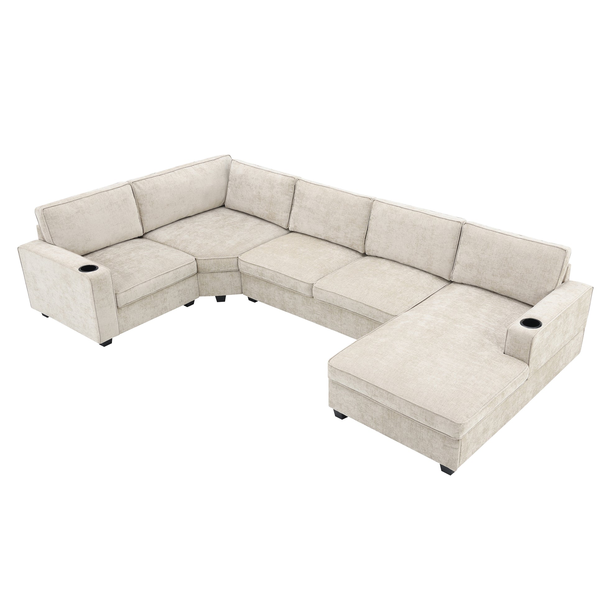 119*67" U Shaped Sectional Sofa,6 Seat Chenille Couch Set With Oversized Chaise Lounge,Irregular Corner,Deep Seat Comfy Sofa With Cup Holders For Living Room,Apartment,2 Colors Beige Chenille 6 Seat