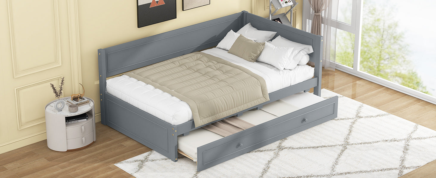 Twin Size Wood Daybed With Trundle And Guardrail, Gray Box Spring Not Required Gray Wood Solid Wood Mdf