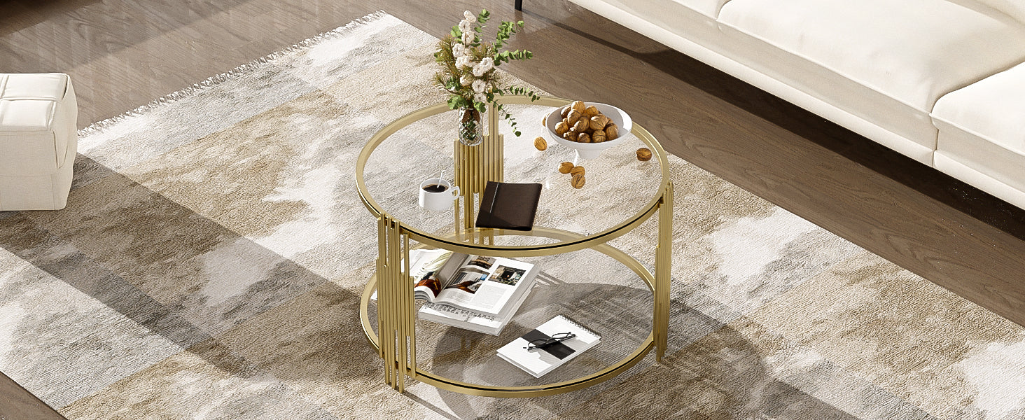 Modern Glass Coffee Table In 31.5", Asymmetrical Metal, Circular Metal Drum Base, Gold Finish & Lower Shelf Transparent Tempered Glass