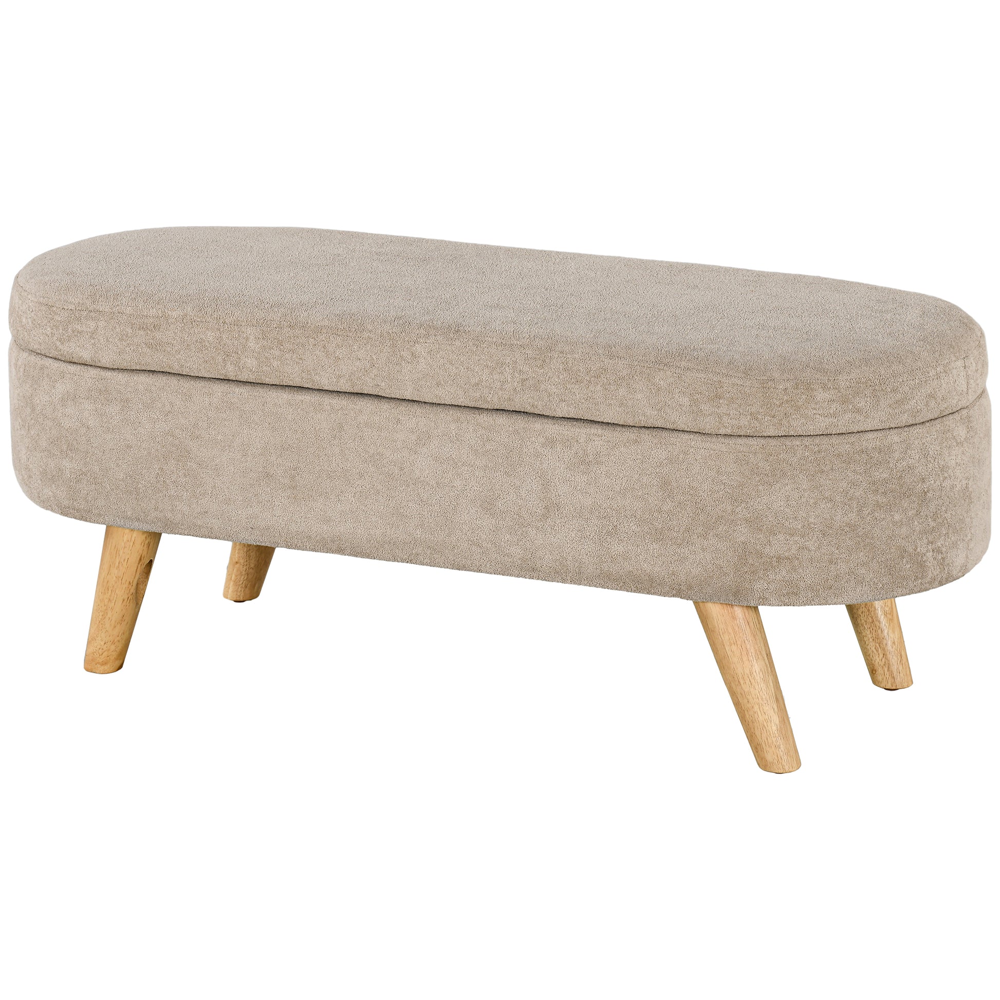 Homcom Storage Ottoman Bench, 43.3" Teddy Fleece Upholstered End Of Bed Bench With Wood Legs And Padded Seat, Oval Modern Entryway Bench, Beige Beige Polyester