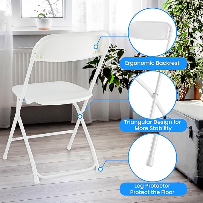 10 Pcs Folding Chair Plastic, Foldable Stackable Portable Seat With Metal Frame 330Lb Capacity, Outdoor Indoor Commercial For Party, Wedding, Event, Office, Patio, Picnic, Kitchen, White White