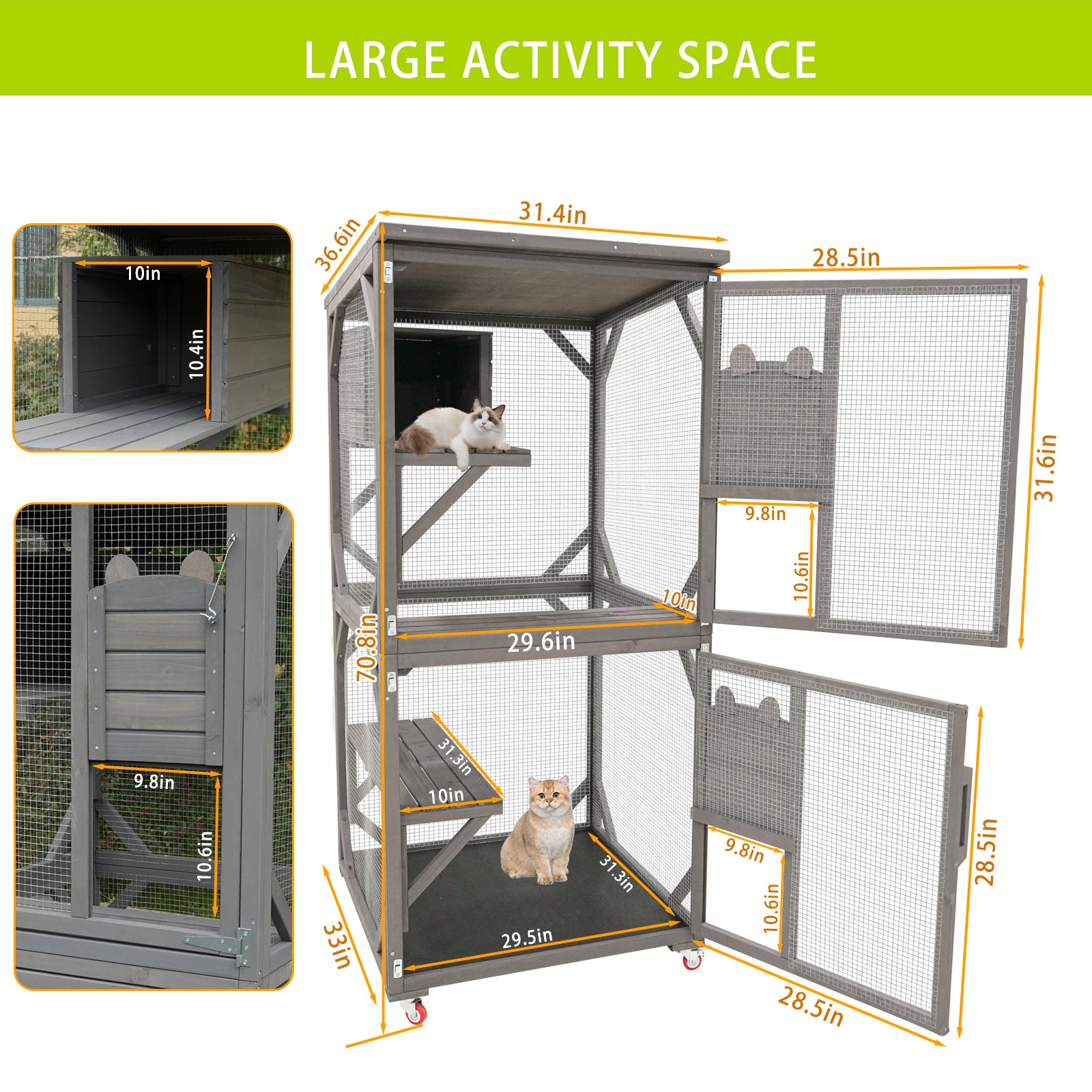 Catio Large Wooden Cat House Outdoor Indoor Cat Enclosures On Wheels, Wooden Kitty House Shelter Outside With Resting Box, Waterproof Roof Grey, 31.5" D X 36.6" W X 71" H Grey Solid Wood