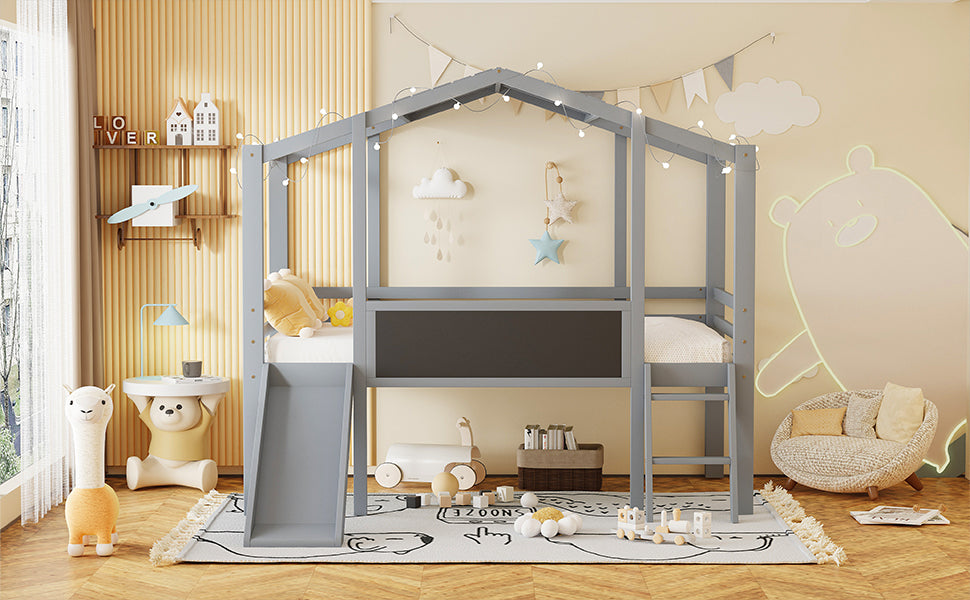 Twin Size Loft Bed With Ladder And Slide, House Bed With Blackboard And Light Strip On The Roof, Gray Twin Gray Solid Wood Mdf