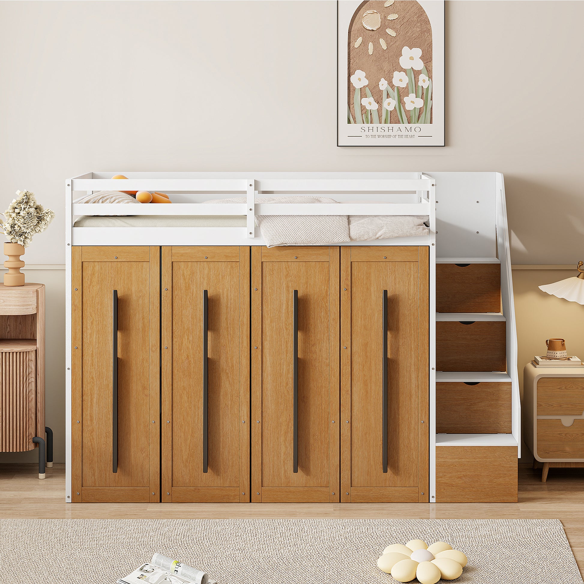 Modern Loft Bed With Two Tone Storage Stairs And Pull Out Wardrobes, White Twin White Solid Wood Mdf