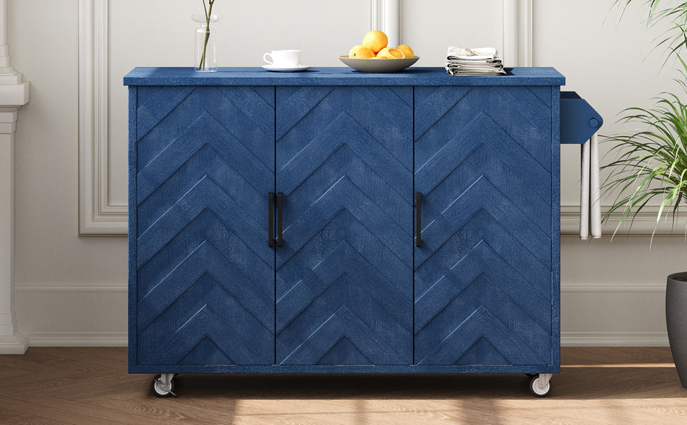 K&K 51.2"W 3D Wave Stripes Ash Veneer Not Cheap Paper Kitchen Island With Drop Leaf, Farmhouse Kitchen Island On Wheels With Internal Storage Rack, Rolling Kitchen Cart Navy Blue Navy Blue Nature