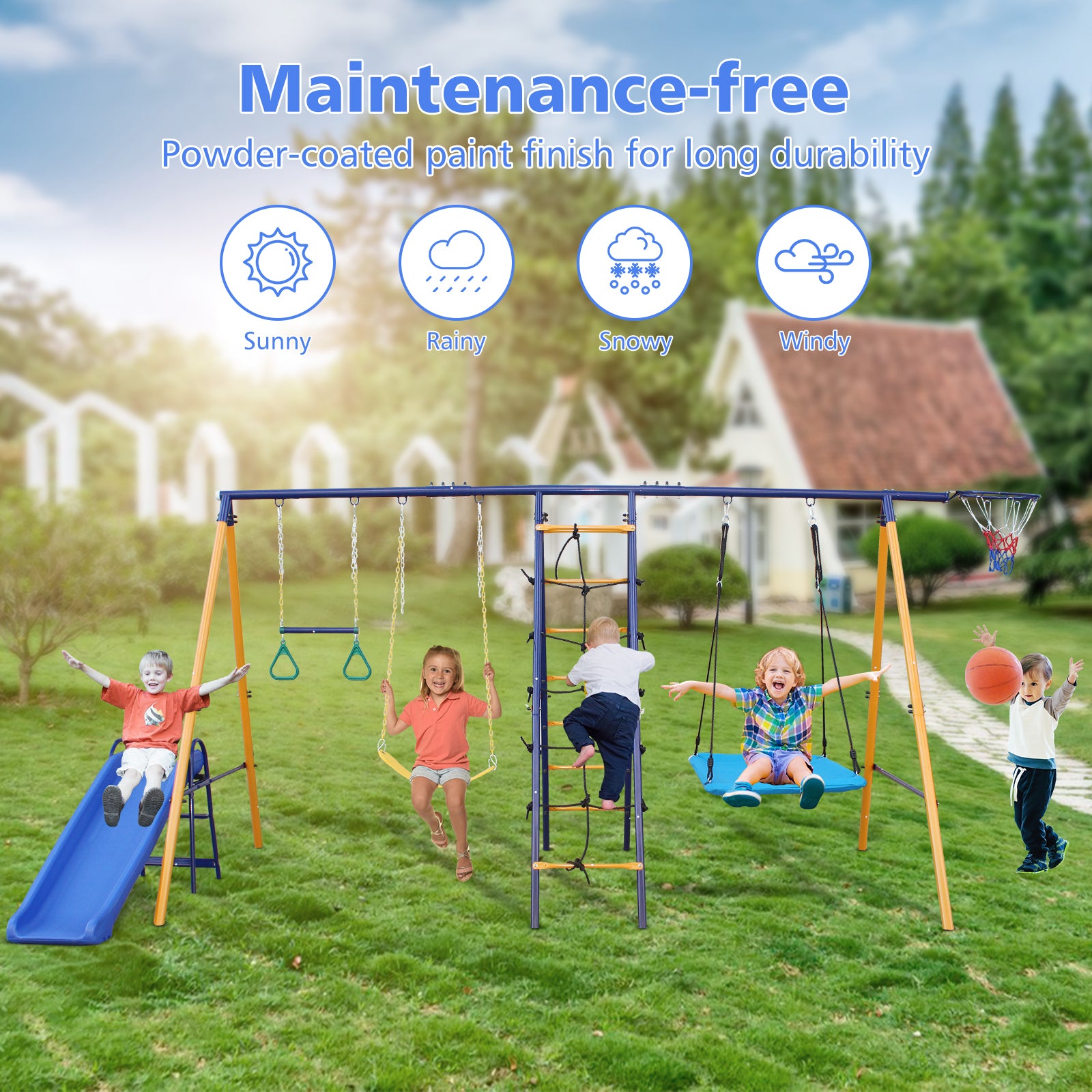 500 Lbs 7 In 1 Swing Set For Kids Backyard Outdoor A Frame Heavy Duty Metal Swing Sets With Slide, 2 Swing Seats, 1 Climbing Net & Ladder, 1 Gym Ring, 1 Basket Multicolor Steel