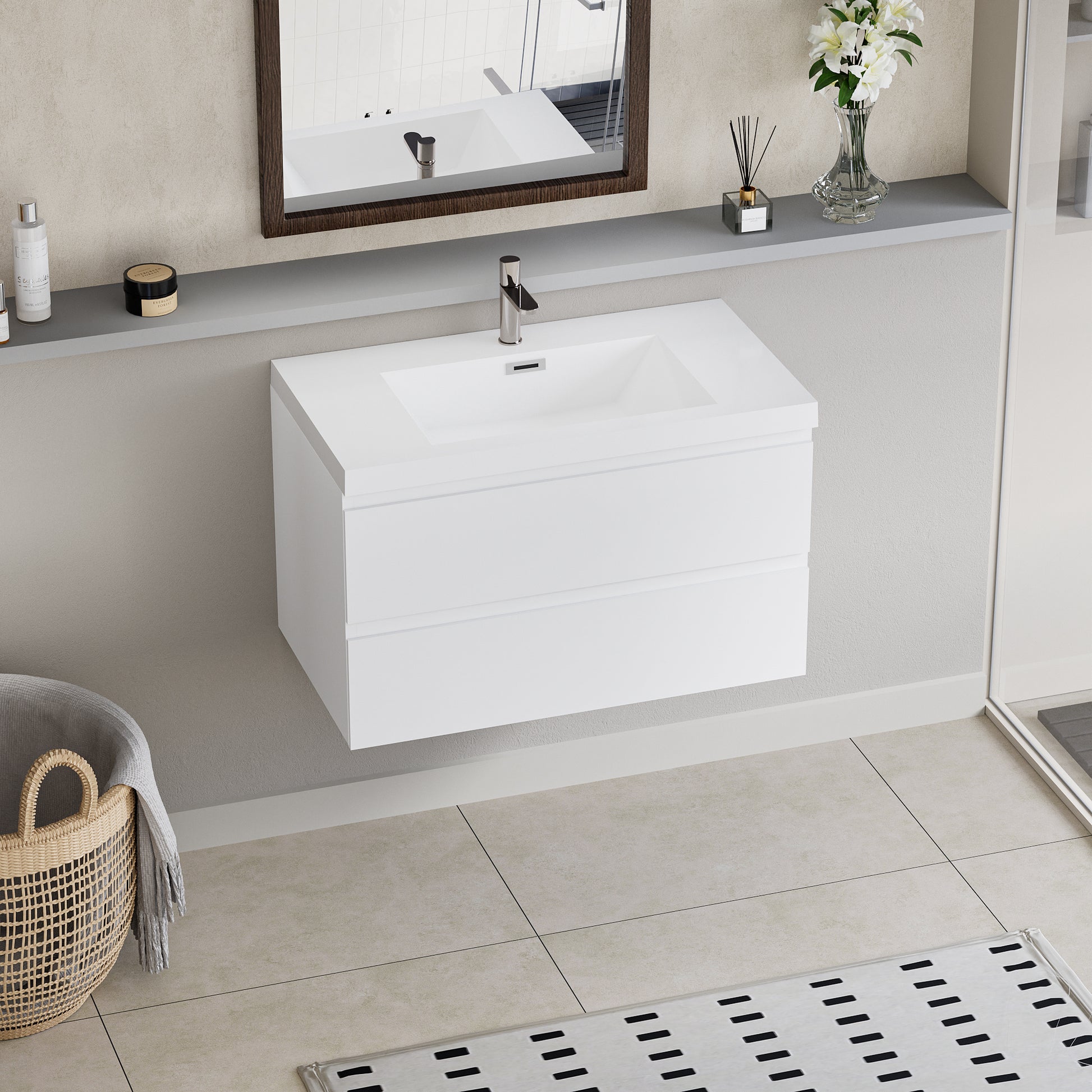 36" Floating Bathroom Vanity With Sink, Modern Wall Mounted Bathroom Storage Vanity Cabinet With Resin Top Basin And Soft Close Drawers, Glossy White 24V11 36Gw 2 Glossy White Bathroom Wall Mounted